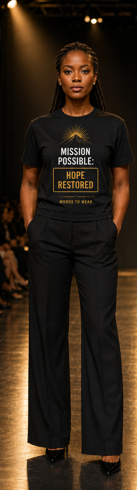 Model wearing the front of the Mission Possible: Hope Restored T-shirt