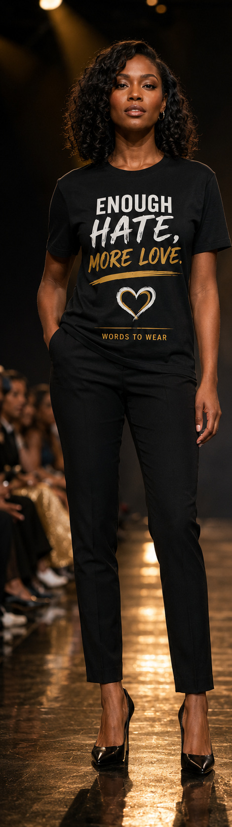 Model wearing the front of the Enough Hate, More Love T-shirt