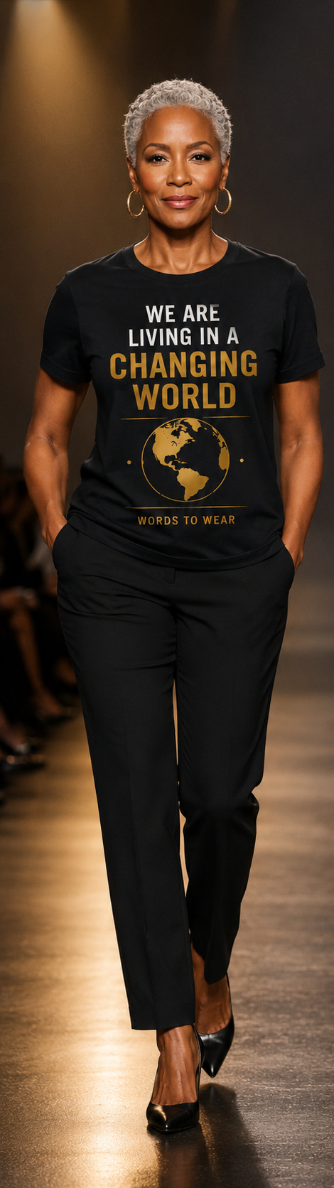 Model wearing the front of the Living in a Changing World T-shirt