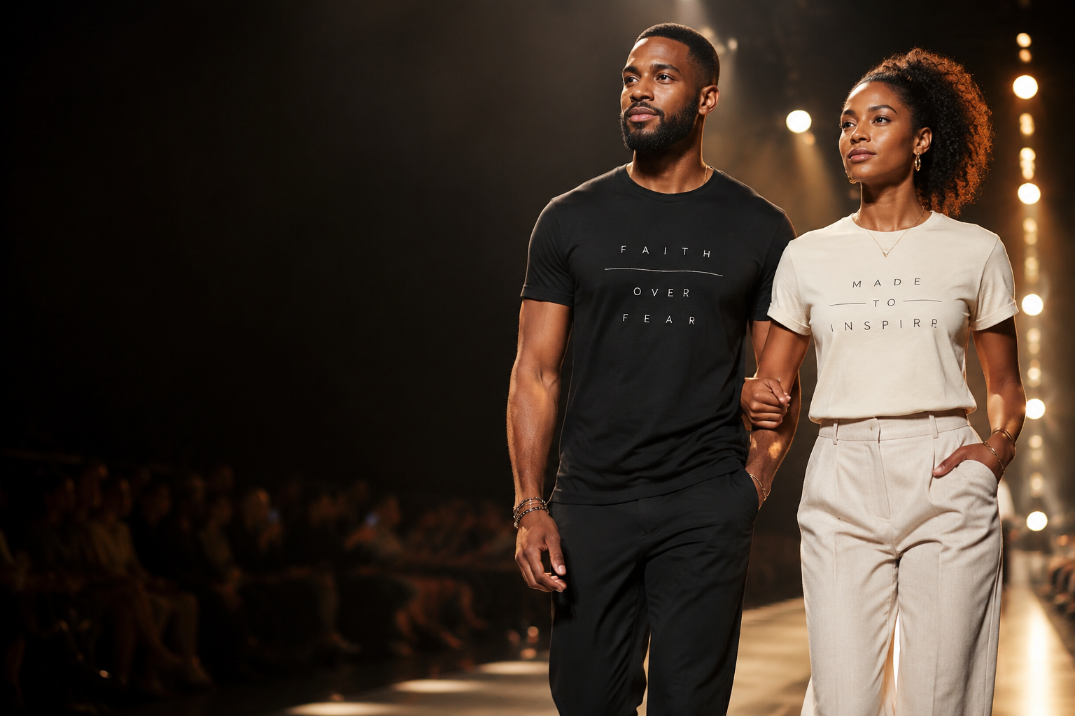 Models walking a runway in inspirational T-shirts